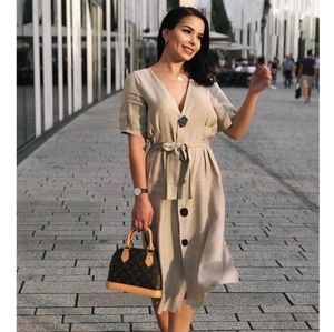 Zara Linen V-Neck Midi Dress